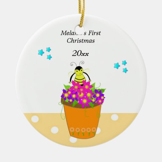 Whimsical Bee Flower Pot Baby's eerste Kerstmis Keramisch Ornament (Voorkant)