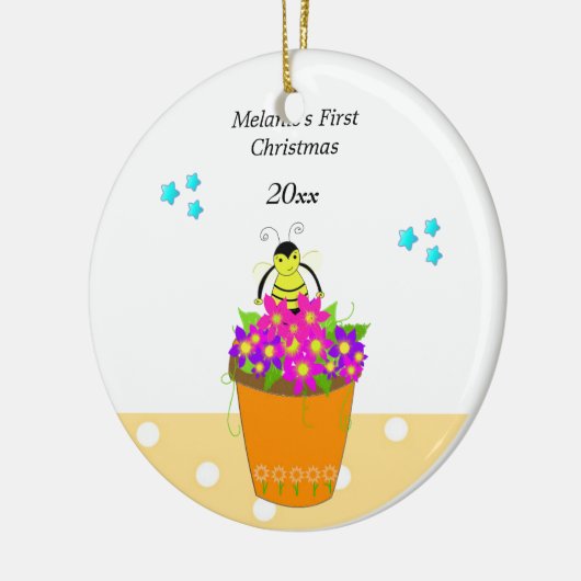Whimsical Bee Flower Pot Baby's eerste Kerstmis Keramisch Ornament (Links)