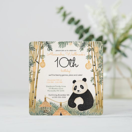 Whimsical Beige Bamboe en Panda Verjaardagsfeest Kaart (Staand voorkant)