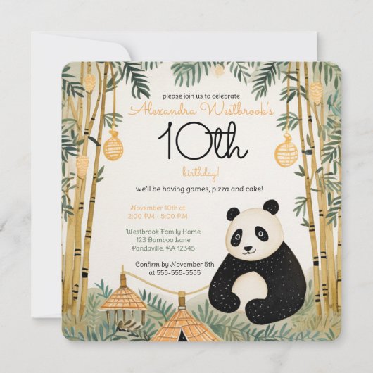 Whimsical Beige Bamboe en Panda Verjaardagsfeest Kaart (Voorkant)