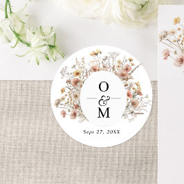 Whimsical Beige Meadow Wildflower Monogram Bruilof Ronde Sticker
