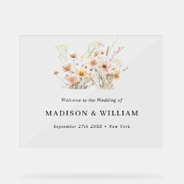 Whimsical Beige Wildflower Bruiloft Welkomstbord Acryl Bord