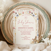 Whimsical Beige Wildflower Bunnies Baby shower Kaart
