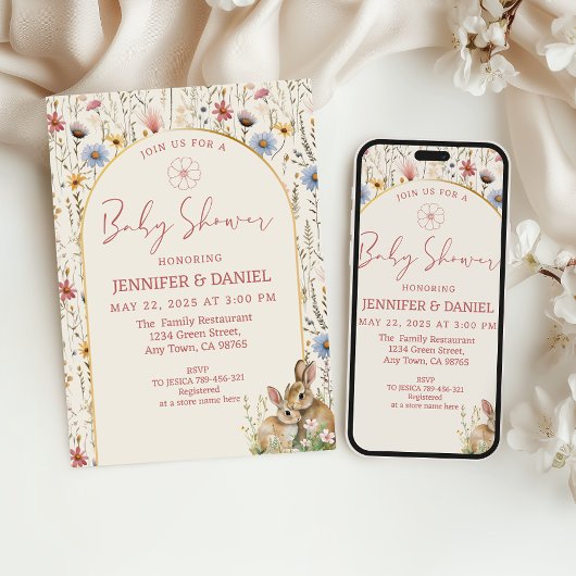Whimsical Beige Wildflower Bunnies Baby shower Kaart