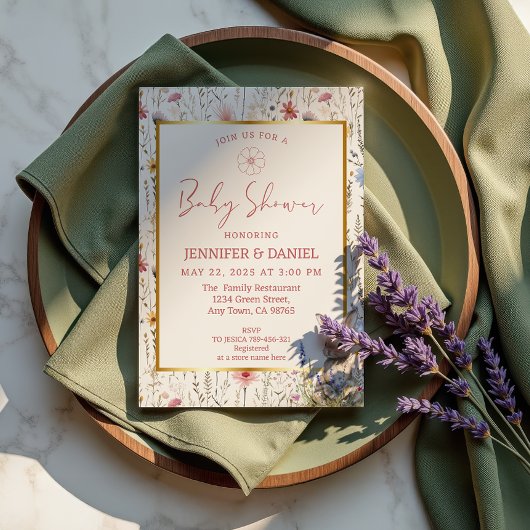 Whimsical Beige Wildflower Bunny Baby shower Kaart