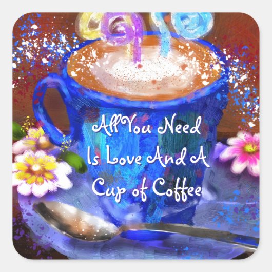 Whimsical Beker van Koffie Bloemen Love Blue Vierkante Sticker (Voorkant)