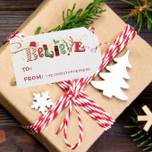 Whimsical BELIEVE Cute Santa Typografie Cadeaulabel
