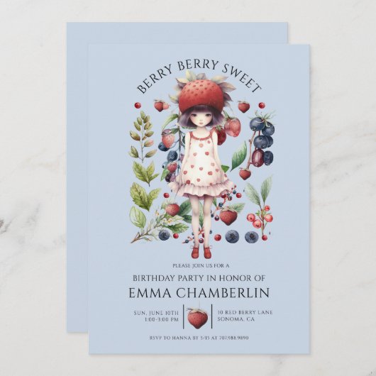 Whimsical Berry Sweet Girl's Verjaardagsfeestje Kaart (Voorkant / Achterkant)