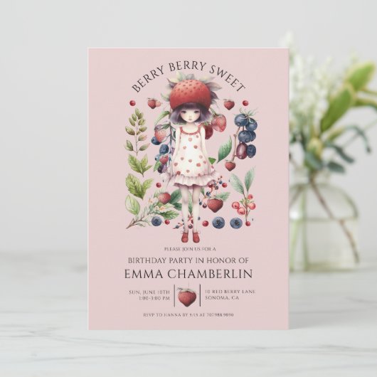Whimsical Berry Sweet Girl's Verjaardagsfeestje Kaart (Staand voorkant)