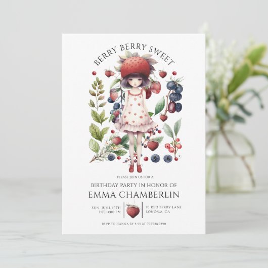 Whimsical Berry Sweet Girl's Verjaardagsfeestje Kaart (Staand voorkant)