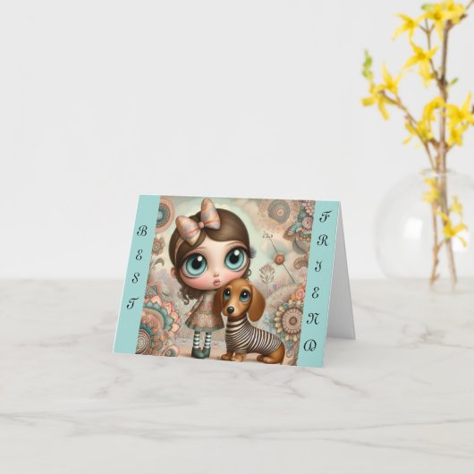 Whimsical Beste Vriend Dachshund Kaart (Gele Bloem)