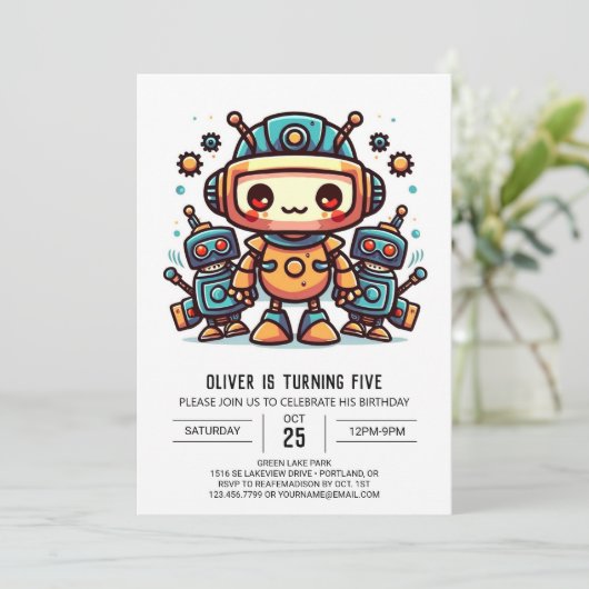 Whimsical Bewerkbare Gears Robot Verjaardag Kaart (Staand voorkant)