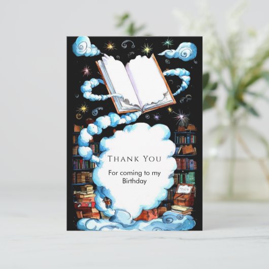 Whimsical bewerkbare magische verhalenboek Verjaar Bedankkaart (Staand voorkant)