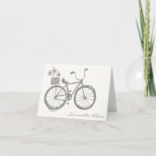 Whimsical Bicycle Illustration Lavender Grey Name Notitiekaartje (Voorkant)