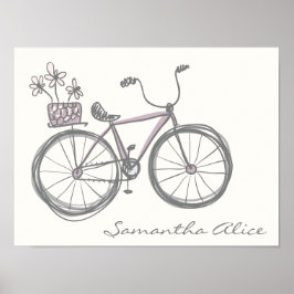 Whimsical Bicycle Illustration Lavender Grey Name Poster