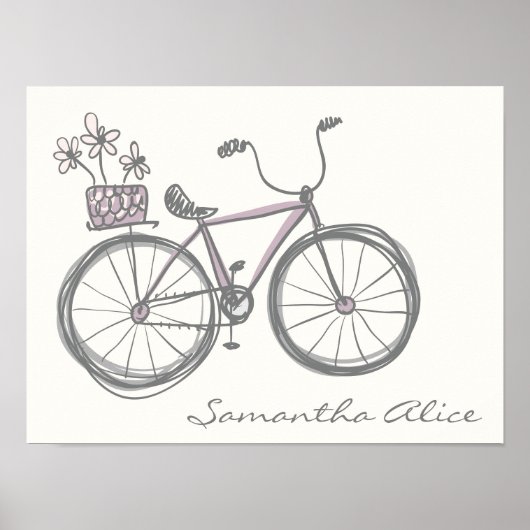Whimsical Bicycle Illustration Lavender Grey Name Poster (Voorkant)