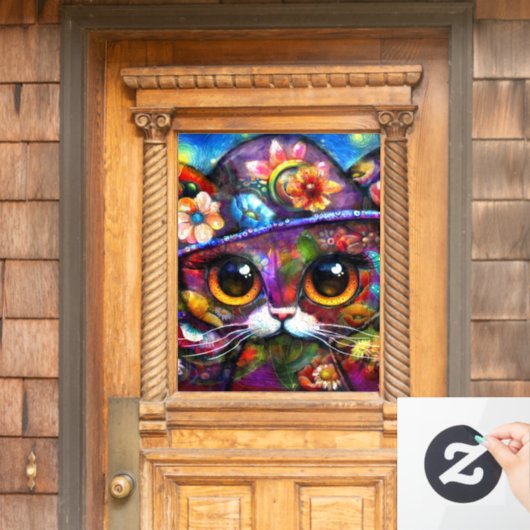 Whimsical Big-Eye Cat Kat met Pet Bloemen Raamsticker (Huis Deur)