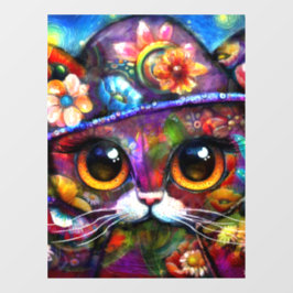 Whimsical Big-Eye Cat Kat met Pet Bloemen Raamsticker