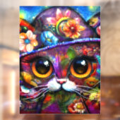 Whimsical Big-Eye Cat Kat met Pet Bloemen Raamsticker (Vel 2)