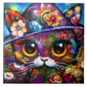 Whimsical Big-Eye Cat Kat met Pet Bloemen Tegeltje (Voorkant)