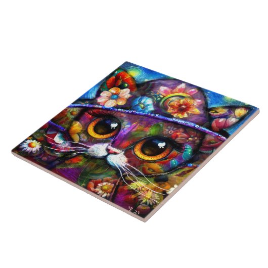 Whimsical Big-Eye Cat Kat met Pet Bloemen Tegeltje (Zijkant)