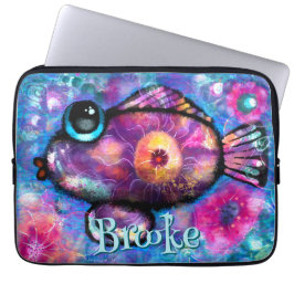 Whimsical Big-Eye Fish Blauwgroen Roze Gepersonali Laptop Sleeve