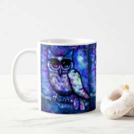 Whimsical Big-Eye Owl Bird Blauw Paarse nacht Koffiemok