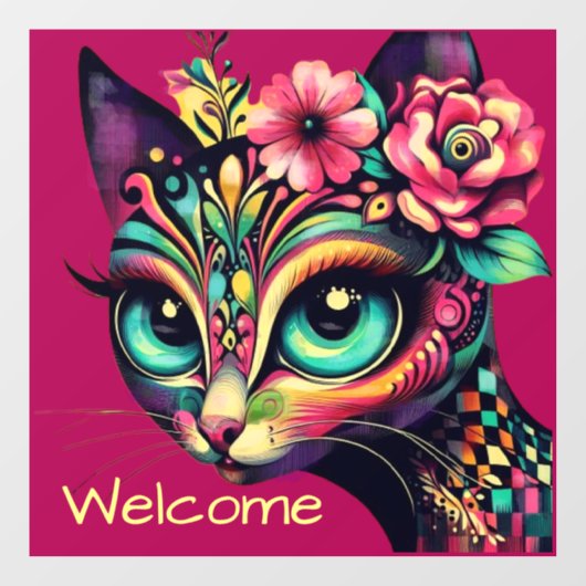 Whimsical Big-Eye Retro Diva Cat Kat Raamsticker (Vel)