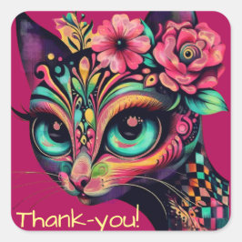 Whimsical Big-Eye Retro Diva Cat Kat Vierkante Sticker