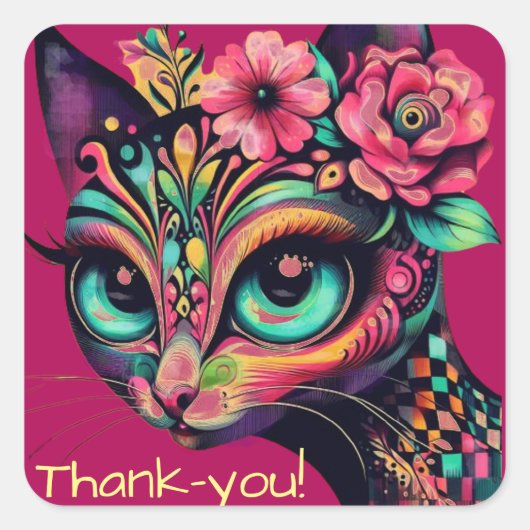 Whimsical Big-Eye Retro Diva Cat Kat Vierkante Sticker (Voorkant)