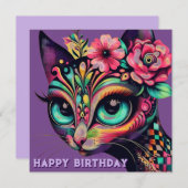 Whimsical Big-Eye Retro Diva Cat Verjaardag Kaart (Voorkant / Achterkant)