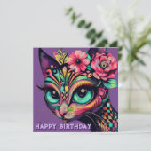 Whimsical Big-Eye Retro Diva Cat Verjaardag Kaart (Staand voorkant)