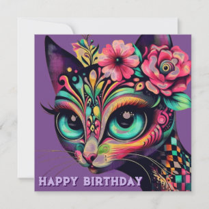 Whimsical Big-Eye Retro Diva Cat Verjaardag Kaart