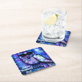 Whimsical Big-Eyed Abstracte Uil Blauw Groen Paars Kartonnen Onderzetters