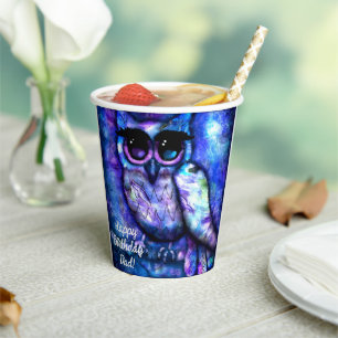 Whimsical Big-Eyed Abstracte Uil Blauw Groen Paars Papieren Bekers