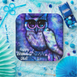 Whimsical Big-Eyed Abstracte Uil Blauw Groen Paars Papieren Bordje