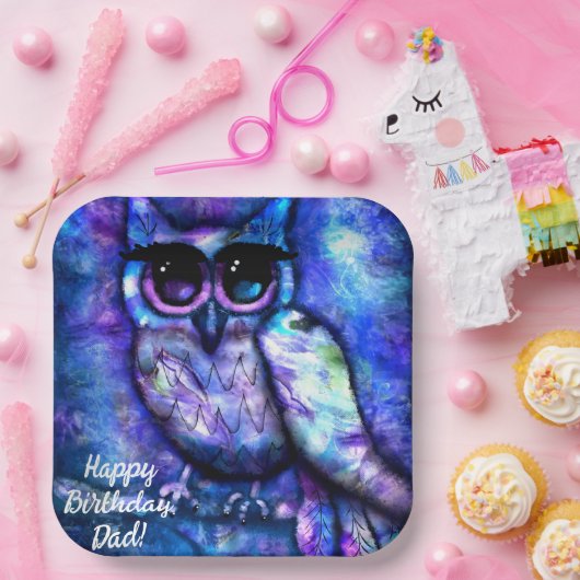 Whimsical Big-Eyed Abstracte Uil Blauw Groen Paars Papieren Bordje (Feest)