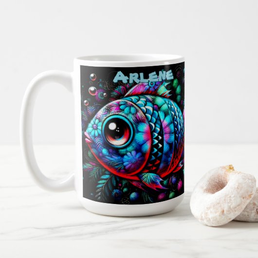 Whimsical Big-Eyed Fish Nautical Personalized Koffiemok (Met donut)