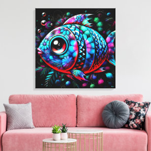 Whimsical Big-Eyed Floral Fish Nautisch Blauwgroen Canvas Afdruk