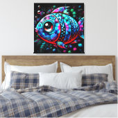 Whimsical Big-Eyed Floral Fish Nautisch Blauwgroen Canvas Afdruk (Insitu (Slaapkamer))