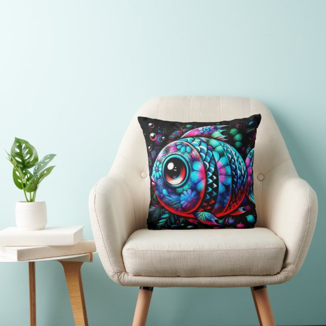 Whimsical Big-Eyed Floral Fish Nautisch Blauwgroen Kussen (Stoel)