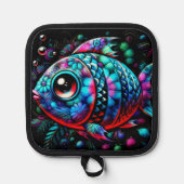 Whimsical Big-Eyed Floral Fish Nautisch Blauwgroen Pannenlap (Voorkant)