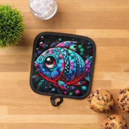 Whimsical Big-Eyed Floral Fish Nautisch Blauwgroen Pannenlap