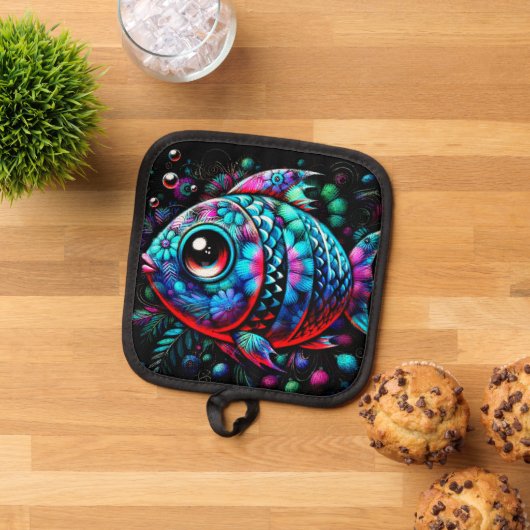 Whimsical Big-Eyed Floral Fish Nautisch Blauwgroen Pannenlap (Top down)