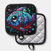 Whimsical Big-Eyed Floral Fish Nautisch Blauwgroen Pannenlap (Voorkant / Achterkant)