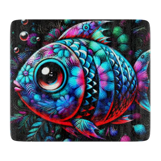 Whimsical Big-Eyed Floral Fish Nautisch Blauwgroen Snijplank (Voorkant)