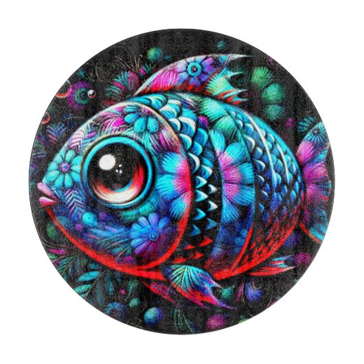 Whimsical Big-Eyed Floral Fish Nautisch Blauwgroen Snijplank (Voorkant)