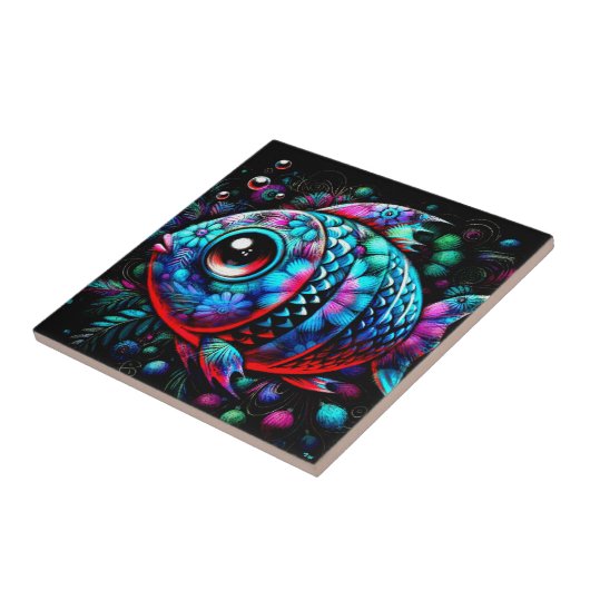 Whimsical Big-Eyed Floral Fish Nautisch Blauwgroen Tegeltje (Zijkant)