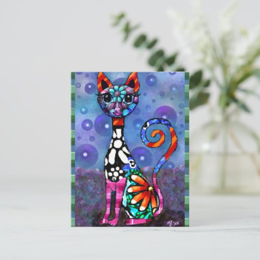 Whimsical Big-Eyed Funky Abstract Kitty Cat Briefkaart (Staand voorkant)