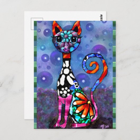 Whimsical Big-Eyed Funky Abstract Kitty Cat Briefkaart (Voorkant / Achterkant)